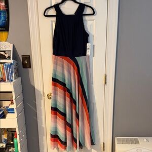 NWT Navy Sleeveless Maxi Dress with Multi-Color Striped Skirt Size 10